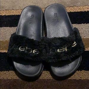 BEBE FUR BLACK SLIDES WITH GOLD LETTERING SZ 1✔️🖤